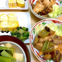 昨日の残り&卵焼き、小松菜胡麻和え&味噌汁|なおさん