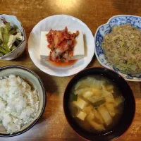 春雨とキャベツ炒め物、キムチ豆腐、小松菜煮浸し|りりこさん