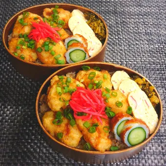 Snapdishの人気料理写真:母とムスコのラブラブおソロ♪うなぎのたれご飯でとり天どーん弁当