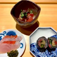 5 月22日・和食コース・③「お刺身3種・キンメとマグロとアジの巻き物」