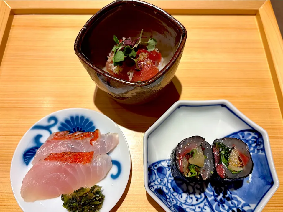 5 月22日・和食コース・③「お刺身3種・キンメとマグロとアジの巻き物」|山勝さん