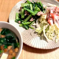 豚肉た小松菜の味噌漬け炒め／大盛り野菜〜手作り新玉ドレッシング〜／なめこ具だくさん味噌汁／これに黒米入りご飯|チョコさん
