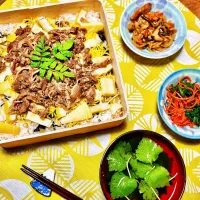 牛しぐれ煮と筍とふきのちらし寿司、三葉とわさび風味こんぶ茶でお吸い物|きいろさん