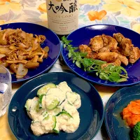 胡瓜の白和え、ブロッコリと春玉葱の人参ドレッシング、春玉葱とぶなしめじの醤油バター炒め、ハーブチキン炒め|カウボーイさん