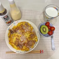 お好み焼き風、ミニトマト、キウイ|むぎさん