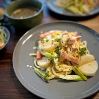 蕪とアスパラとベーコンのクリームパスタ|Kiyoさん