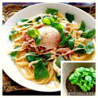 バジリコのパスタ温玉載せ〜🍝|quitaさん