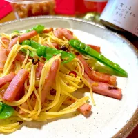 ベーコンとスナップエンドウのペペロンチーノ🍝
