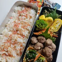 ☆高校生弁当☆もち麦入りごはん、ふりかけ、ほうれん草胡麻和え、シラス卵焼き、金平牛蒡、肉団子、小松菜ナムル、蒟蒻ゼリー、ナッツバー|ｼｮｺﾗさん