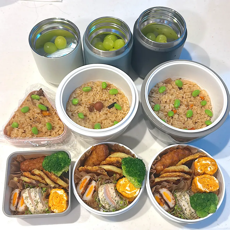 チキチキボーン
芋もちチーズ
サラダチキン＆ブロッコリースプラウト
チーかま
卵焼き
ブロッコリー
枝豆
かしわ飯
シャインマスカット|ayumomさん