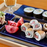 ささみ明太大葉巻き、新じゃがとそら豆、ベーコンのポテサラ、サラダ巻き|マユマユさん