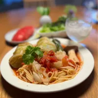 5/31の夕食　トマトのロールキャベツとパスタ|yoneさん