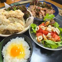 塩唐揚げ・チャーシュー・ちくわのサラダ・たまごかけご飯🌺|chiyukiさん