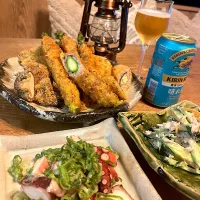 大きなアスパラガスの豚肉巻き　ナスの豚肉巻き　きゅうりとツナサラダ　タコと九条ネギ和え| izunさん