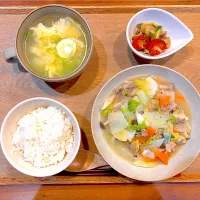 夜ご飯(八宝菜、昨日のサラダ、卵豆腐スープ)|cocomikaさん