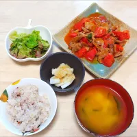 2025 0529　豚肉とトマトの生姜焼き　チョレギサラダ　糖しぼり大根　豆腐とわかめのお味噌汁|いもこ。さん