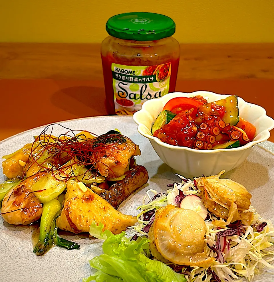 夕飯　蛸胡瓜サルサ　帆立のバター焼|こげちぃさん