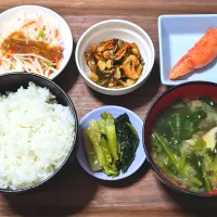 今日の朝ごはん（ごはんは仁井田米ひのひかり、辛子明太子、切り昆布煮、和風サラダ、ほうれん草とエリンギのみそ汁、野沢菜漬け）| Mars＠釜飯作り研究中さん