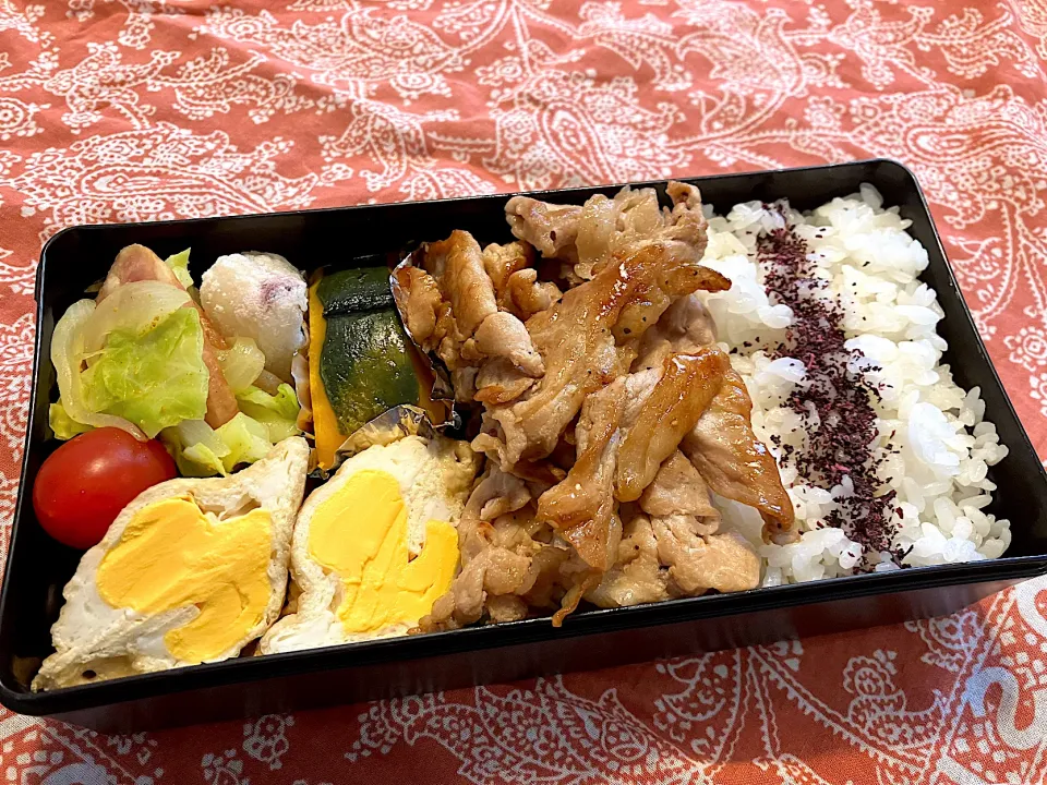 2025.6.5 息子弁当　◎豚焼肉　◎巾着卵　◎キャベツとハムのカレー粉炒め　◎かぼちゃ煮|goroさん