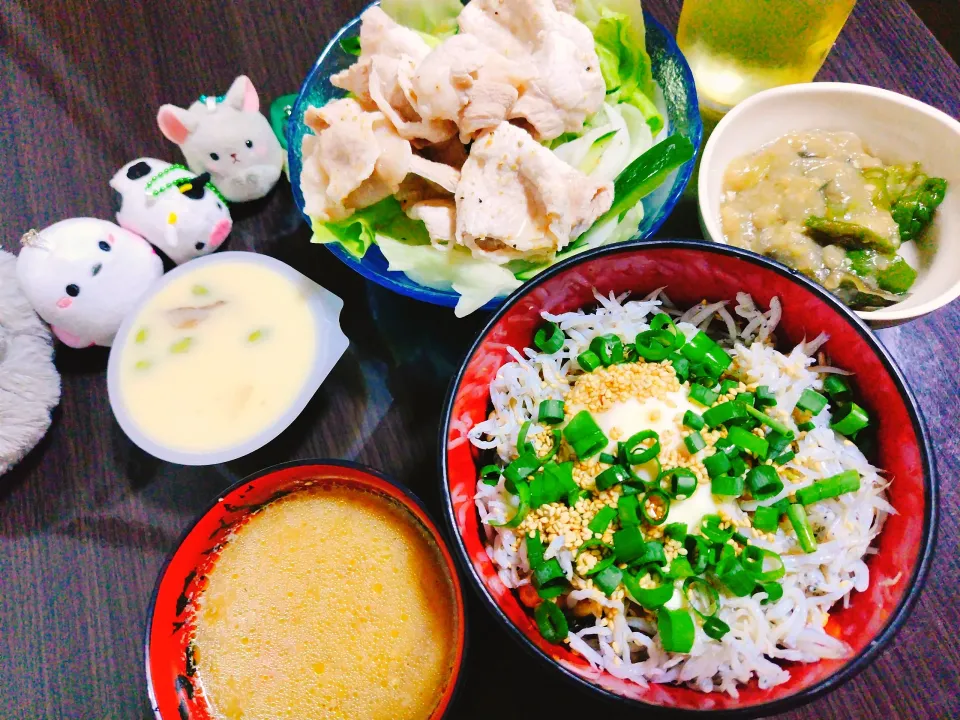 しらす丼、豚汁、冷しゃぶサラダ、レンチンナス味噌煮、茶碗蒸し|サトリさん