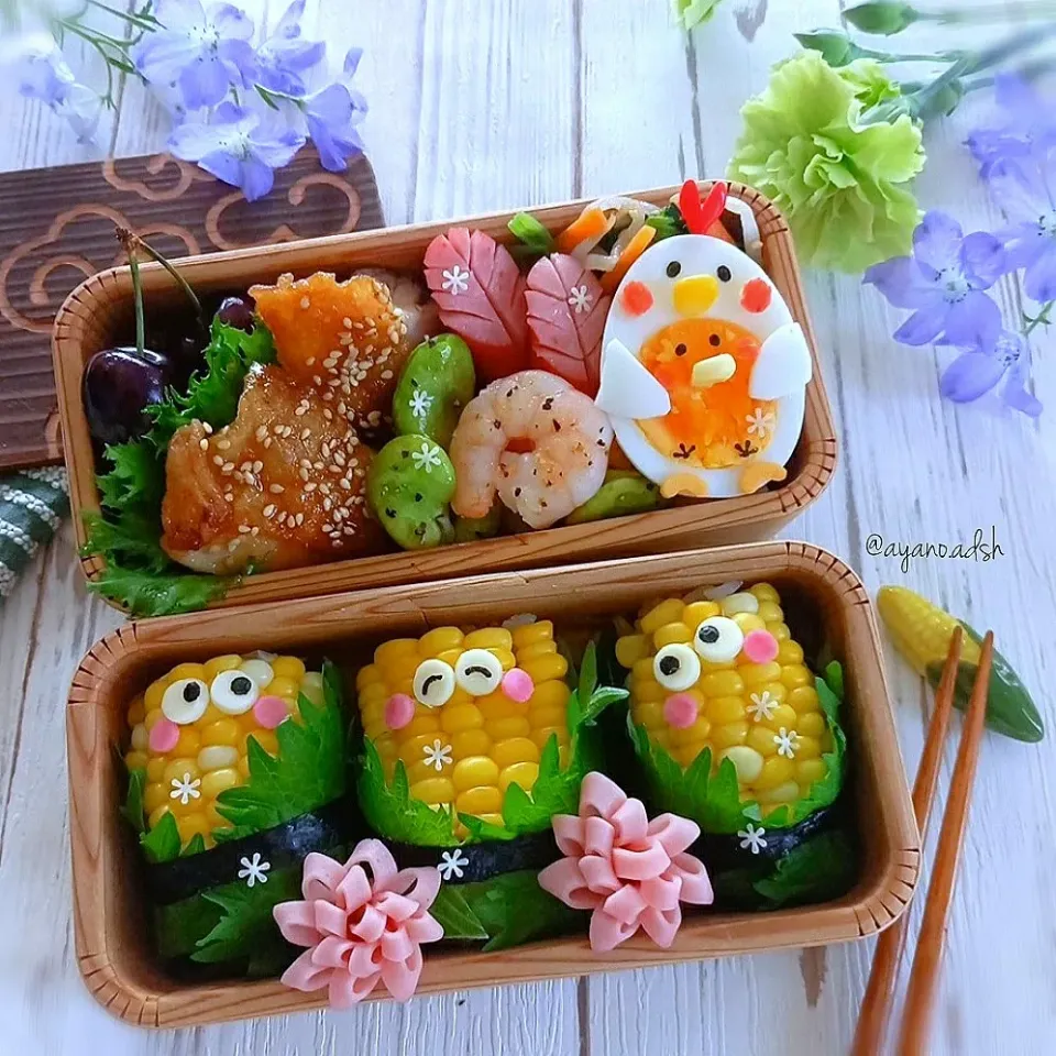 🌿🌽🐔🐥🌽🌿
とうもろこしおにぎりと
ピヨピヨ卵弁当|ayano.adshさん
