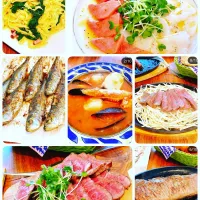 旦那作 マグロとタコのカルパッチョ、ブイヤーベース、イワシの香草焼き、3種のステーキ、ベーコンとルッコラのパスタ| Ikuyo Hasegawaさん