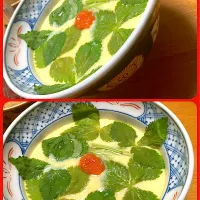 私用には卵1個使って 【仕込み3分どんぶり茶碗蒸し】自宅採れ三葉ともみじおろし 卵1個だとどんぶりサイズにしないと硬い茶碗蒸しになってしまうので😊|🐈⸒⸒⸒⸒つるのダンス🐈🐾さん