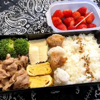 2025.6.9息子弁当　◎豚焼肉　◎卵焼き　◎ブロッコリーの胡麻和え　◎高野豆腐　◎ちぎり揚げ　◎いちご| goroさん