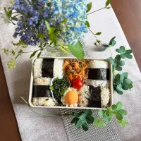 6/10❤︎主人のおにぎり弁当🍙🍃

＊塩昆布おにぎり
＊ 焼き鯖と大葉おにぎり
＊ 半熟たまご
＊ 焼きビーフン
＊ ほうれん草の胡麻和え| Makinsさん