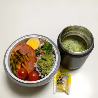 健ちゃん弁当　つけ麺・厚ハム・味玉・ブロッコリーとベーコンとシメジのペペロンチーノ・スナップエンドウのごま和え・プチトマト・焼きカボチャ・こんにゃくゼリー|森田実和さん