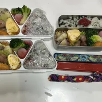 パパ弁・母弁・小6女子弁☆ゆかりポテト☆えび寄せフライ☆プチトマト・ブロッコリー・明太マヨ☆レモンとパセリのソーセージ☆卵焼き（娘作）☆わかめご飯・梅肉|Saharaさん