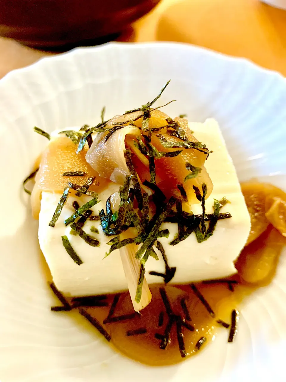 Chilled Tofu topped with ginger simmered in dashi broth, shoyu and mirin|gonbenさん