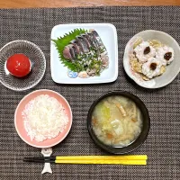 鯵のお造り、鱧と茹でレタスの梅びしお和え、トマト梅酢漬け、お味噌汁(なめこ、キャベツ、玉ねぎ)|柚子きりかさん