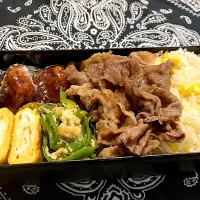 2025.6.11 息子弁当　◎コーンごはん　◎焼肉　◎ピーマン薄揚げシラス炒め煮　◎卵焼き　◎肉団子| goroさん