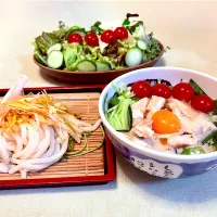 具沢山薬味タップリ冷汁うどん　かしわ＆玉子の親子トッピング🐓🐣|マニラ男さん