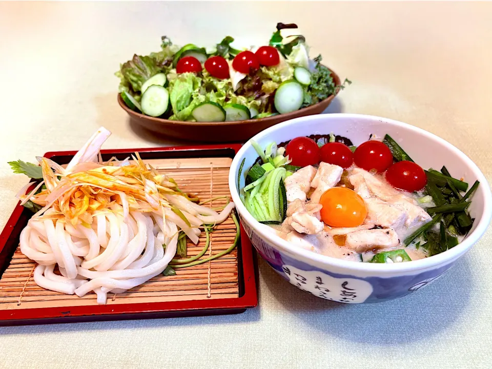 具沢山薬味タップリ冷汁うどん　かしわ＆玉子の親子トッピング🐓🐣|マニラ男さん