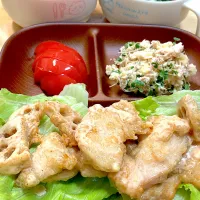 レンコン鶏マヨ&ツナ明太マヨじゃが＆トマト&中華スープ| なおさん
