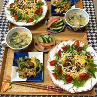 タコライス、ゴーヤチャンプル、青梗菜スープ、糠漬け(きゅうりとスイカ)|kekekeさん