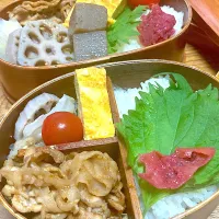 豚肉炒めとレンコンごまだれのメリハリ弁当| リラさん