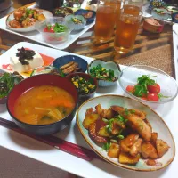 鶏ももと蓮根さつま芋の甘辛炒め定食です✨