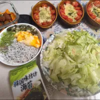 夜ごはん。しらす丼とじゃがいもキャベツミニトマトチーズ焼き、ミートボールレンチン野菜、韓国海苔とレタスサラダ|m.rafuさん