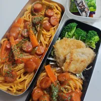 ☆高校生弁当☆母の怒りその２。ナポリタン詰めまくり、ブロッコリー、チキンカツ、キャベツ、蒟蒻ゼリー、ナッツバー|ｼｮｺﾗさん