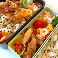 おっさん弁当　コールスロー　漬け物　トマト　照り焼きチキン　卵炒め　ニンニク|ひげおやじさん