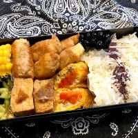 2025.6.13息子弁当　◎山芋豚巻き味噌焼き　◎絹揚げ煮　◎そぼろ入り卵焼き　◎とうもろこし|goroさん