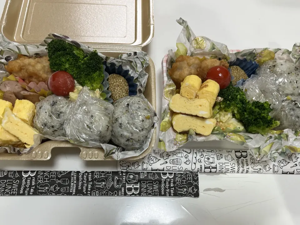 中3男子弁当とパパ弁☆混ぜ込みチュモッパ☆ポテトサラダ☆プチトマト☆ブロッコリー☆卵焼き☆胡麻団子☆レモンとパセリのソーセージ☆唐揚げ|Saharaさん
