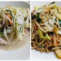 ☆夕飯☆同じ麺でタンメンと焼きそば。麺だけもらって汁を作ったら息子２が気に入らないようなので焼きそばにしました。|ｼｮｺﾗさん