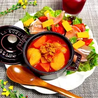 トマトスープと生ハムとチーズサラダ|まめもにおさん