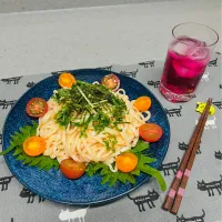 「明太子うどん＆紫蘇ジュース」