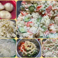 ポテサラの仕込み　マヨネーズ、ワインビネガー、オリーブオイル、ブラックペッパービンビンなどで味付け|Takeshi  Nagakiさん