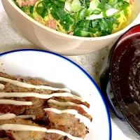 冷やし中華、鶏皮唐揚げ梅ガーリック味|まみみさん